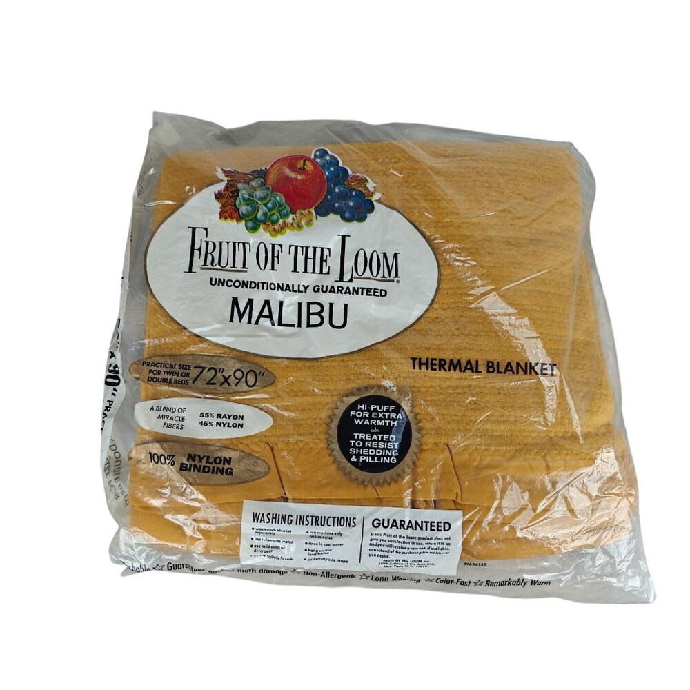 Vintage Fruit Of The Loom Malibu Thermal Blanket 72"x90" Mustard Yellow NOS